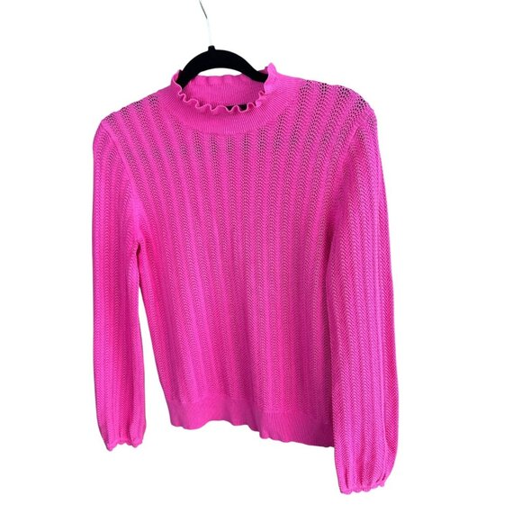 J. Crew Pointelle Ruffle Mock Neck Raspberry Pink Cotton Sweater Size Small - Picture 3 of 8